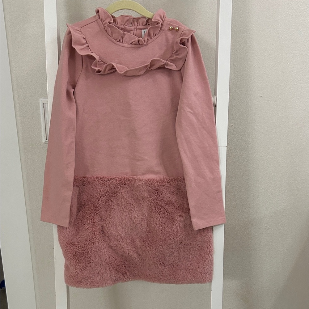 Janie and Jack holiday Christmas pink fur Ruffled Kids Dress, size 8
